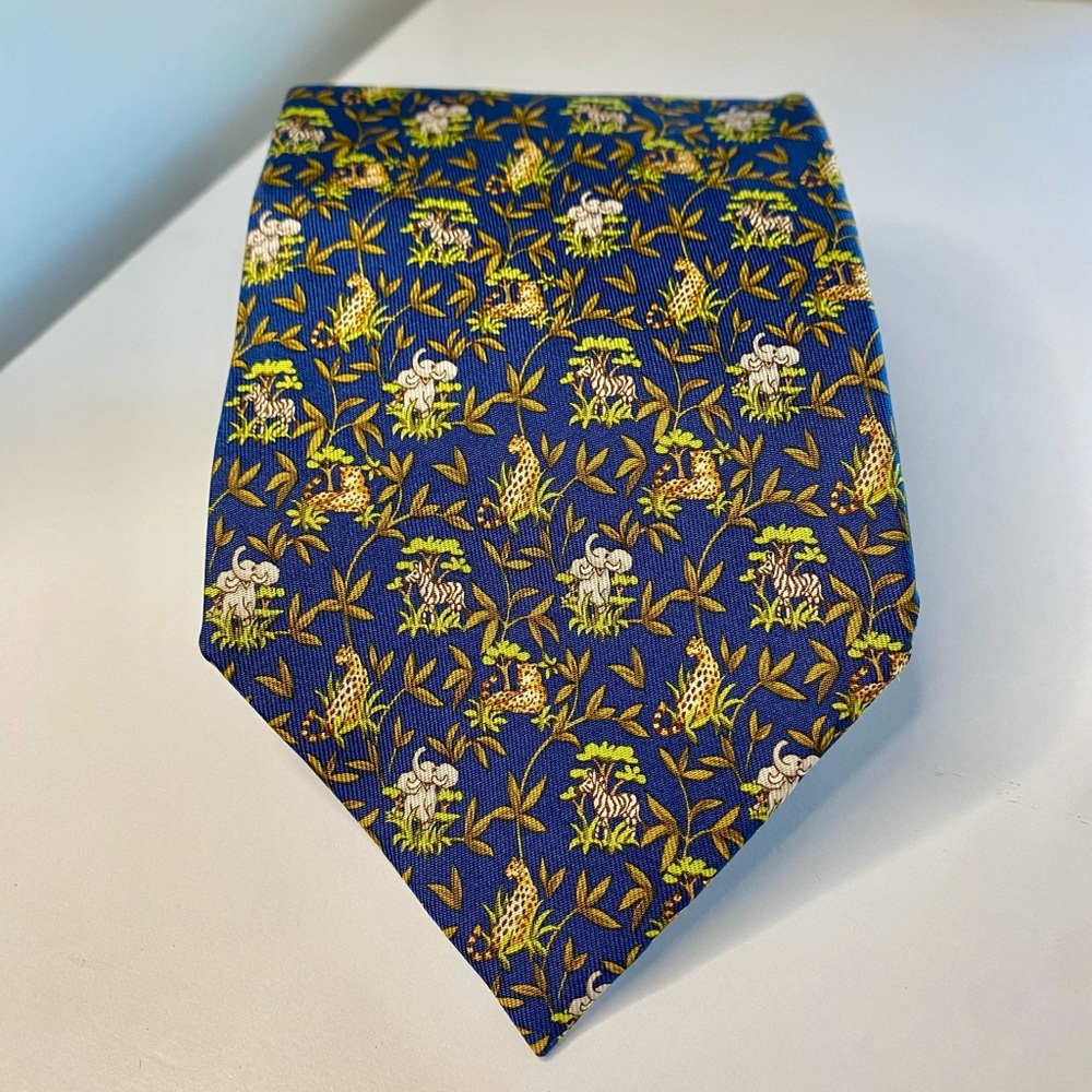 Ferragamo Blue Green Gold Safari Elephant Cheetah Zebra Floral Silk Tie